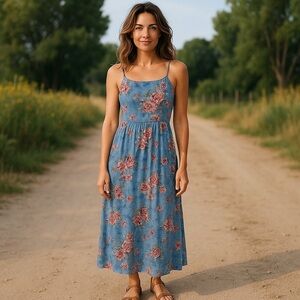 BOG (now Band of the Free World) Beautiful Blue Floral Smocked Maxi Dress Twee